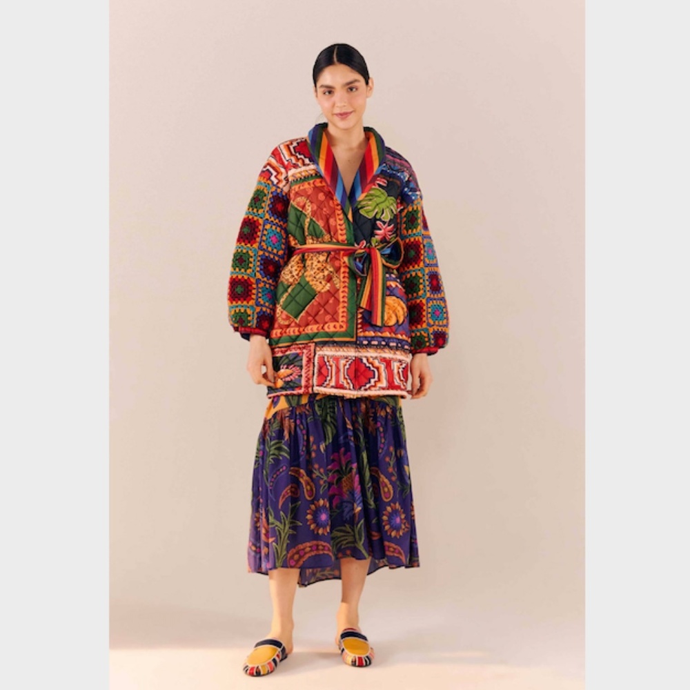 Farm Rio Patchwork Tapestry Crochet Puffer Jacket Size L - Picture 10 of 13
